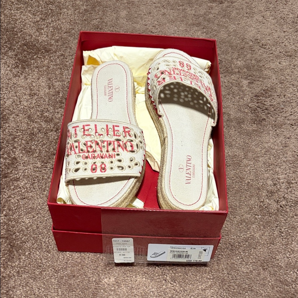 Valentino Cream and Red Embellished Slides
